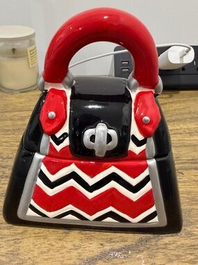 Decorative Ceramic Handbag Accent in Red, Black and White Cookie Jar